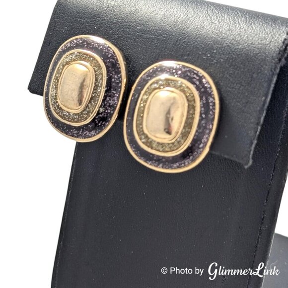 Vintage 80s Dark Purple Glittery Enamel Geometric Gold Tone Clip On Earrings - Picture 4 of 8